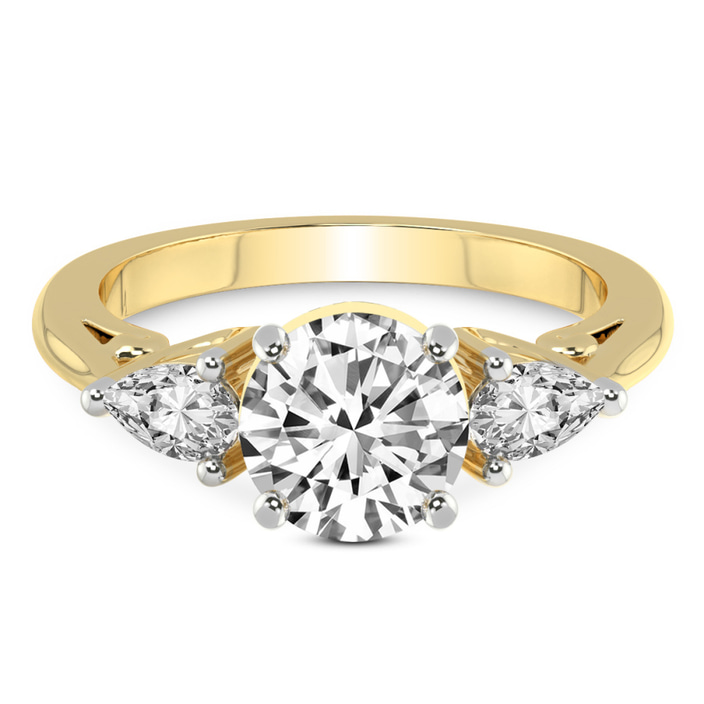 1.56 Ct Round Cut Leona Three stone Side Pear Lab Diamond Ring in 14kt Yellow Gold front image