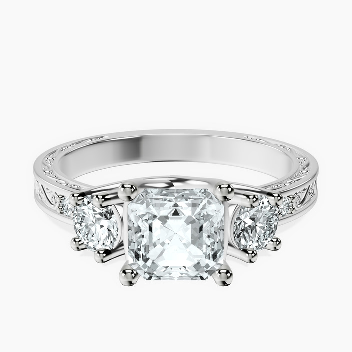 10kt White Gold Valencia Three Stone Vintage Lab Diamond Ring front image