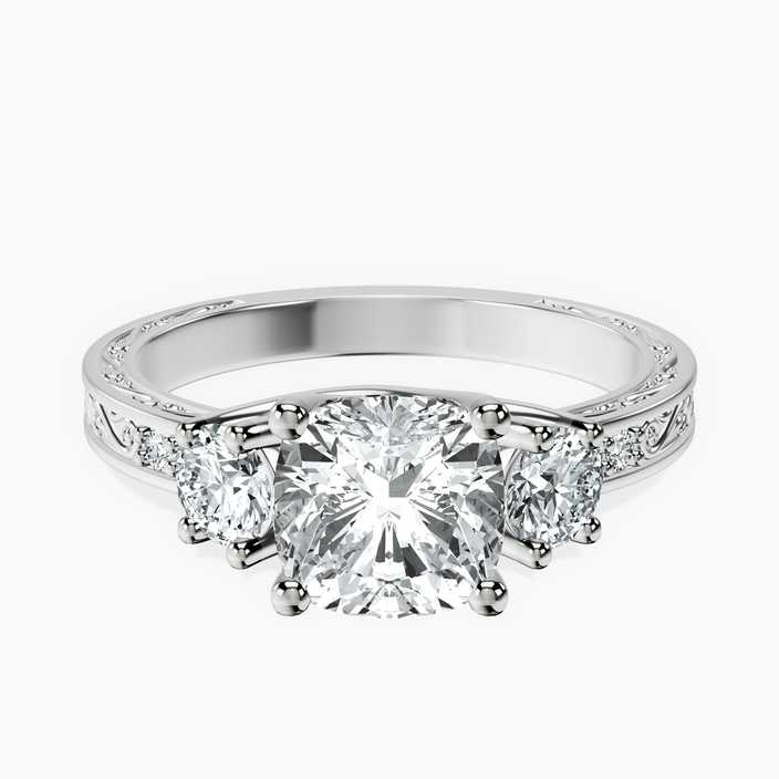 10kt White Gold Valencia Three Stone Vintage Lab Diamond Ring front image