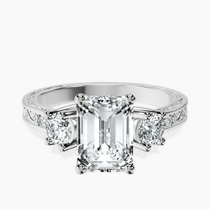 Platinum Valencia Three Stone Vintage Lab Diamond Ring front image