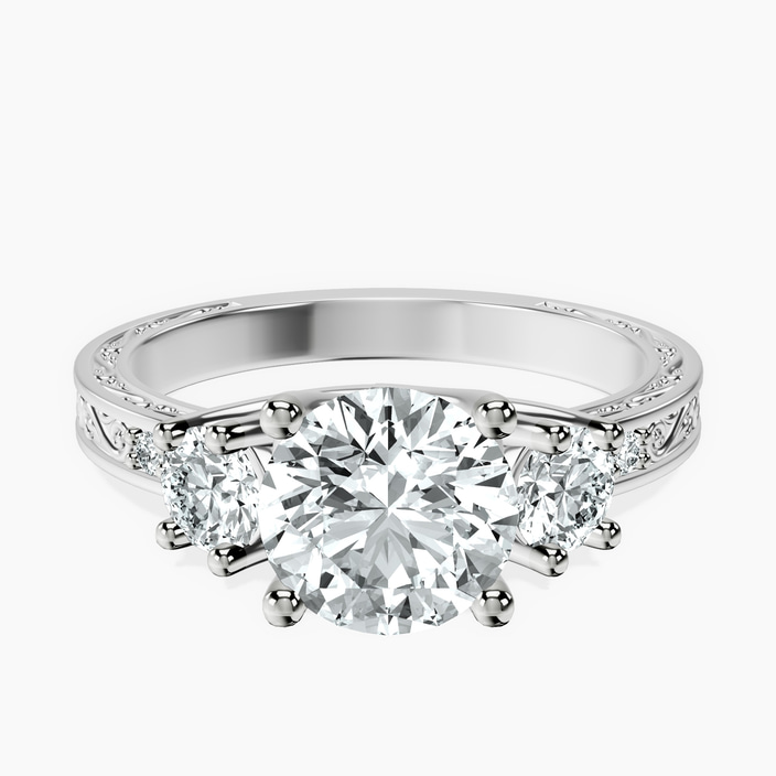 18kt White Gold Valencia Three Stone Vintage Lab Diamond Ring front image