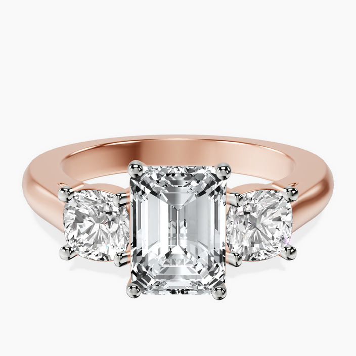 14ct Rose Gold Kinsley Three Stone Side Cushion Lab Diamond Ring front image