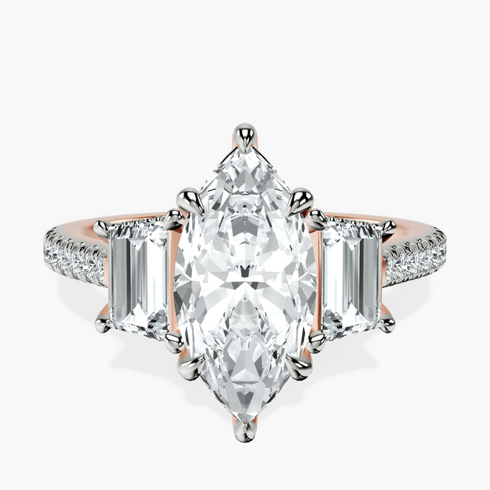 9ct Rose Gold Lavinia Three Stone Trapezoid Lab Diamond Ring front image
