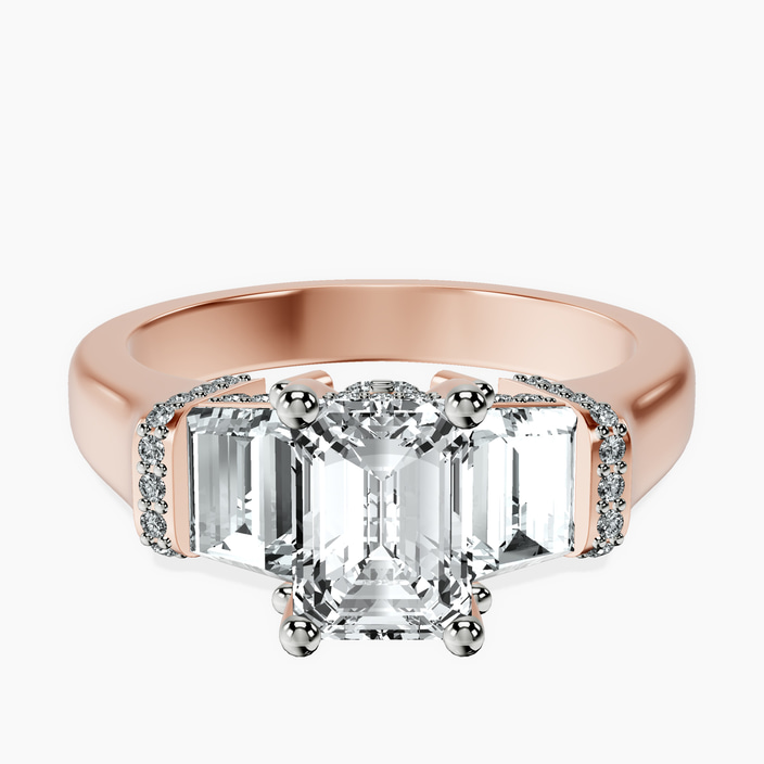 10kt Rose Gold Astrid Three Stone Trapezoid Lab Diamond Ring front image
