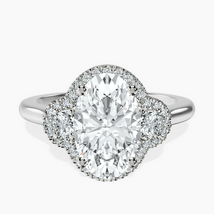 10kt White Gold Swirl Three Stone Halo Lab Diamond Ring front image