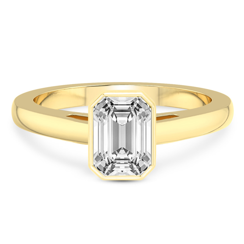 1.25 Ct EMERALD Cut Bezel Set Solitaire Lab Diamond Ring in 14kt Yellow Gold front image