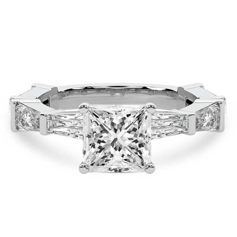 2.54 Ct PRINCESS Cut Gizele Tapered Side Stone Lab Diamond Ring in 18kt White Gold front image