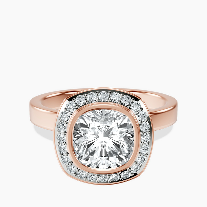 1.49 ct. cushion Upturned Dome Halo Ring in 10kt rose gold rtr top