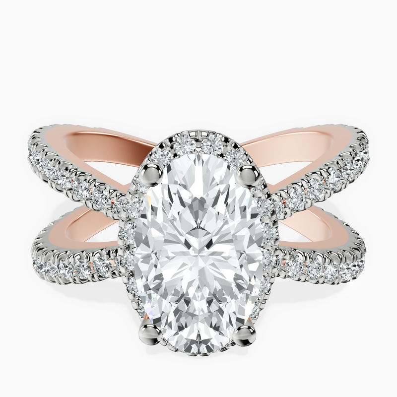 2.99 ct. oval Electra Criss Cross Ring in 14kt rose gold rtr top