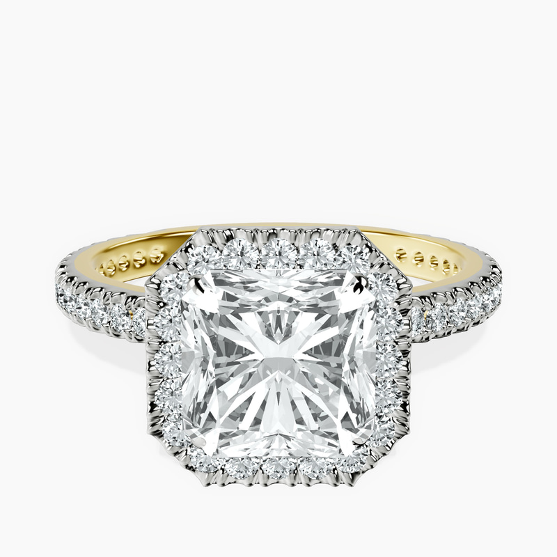 2.65 ct. radiant Klarissa Halo Eternity Ring in 10kt yellow gold rtr top