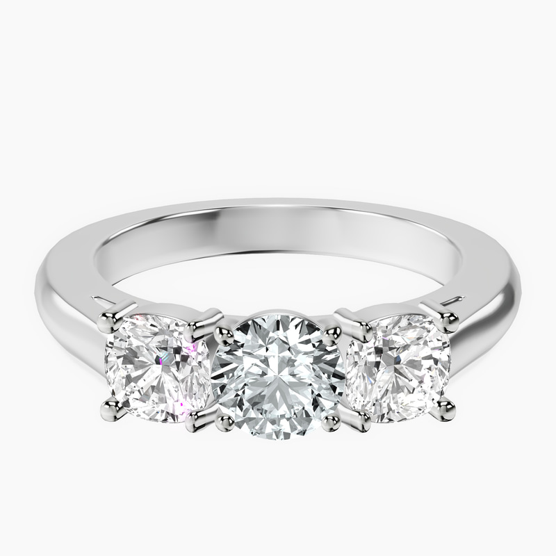 Platinum Kinsley Three Stone Side Cushion Lab Diamond Ring front image