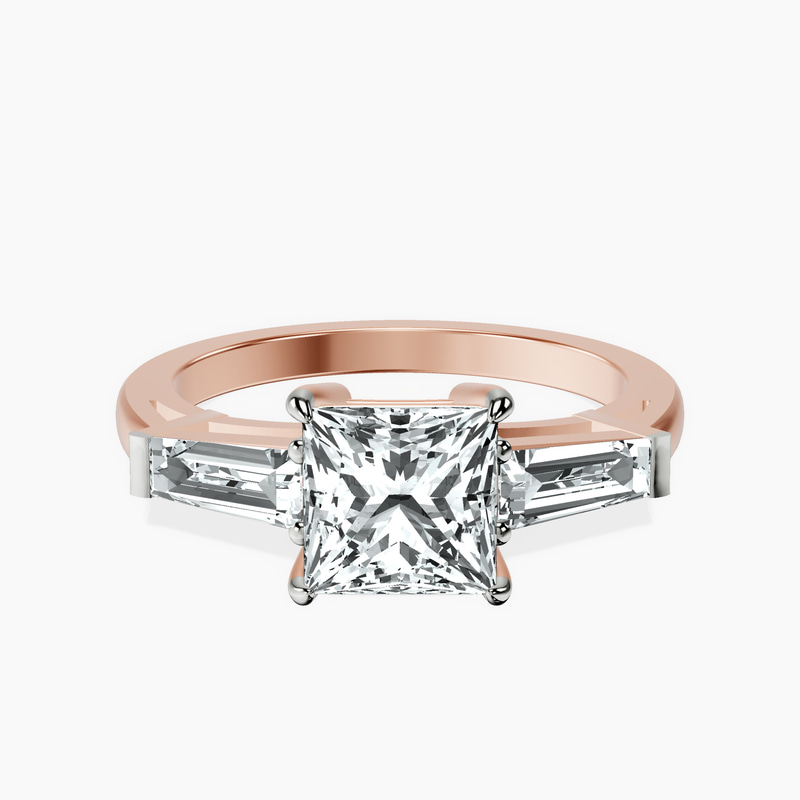 5.10 ct. princess Madison Side Baguette Ring in 9Ct rose gold rtr top