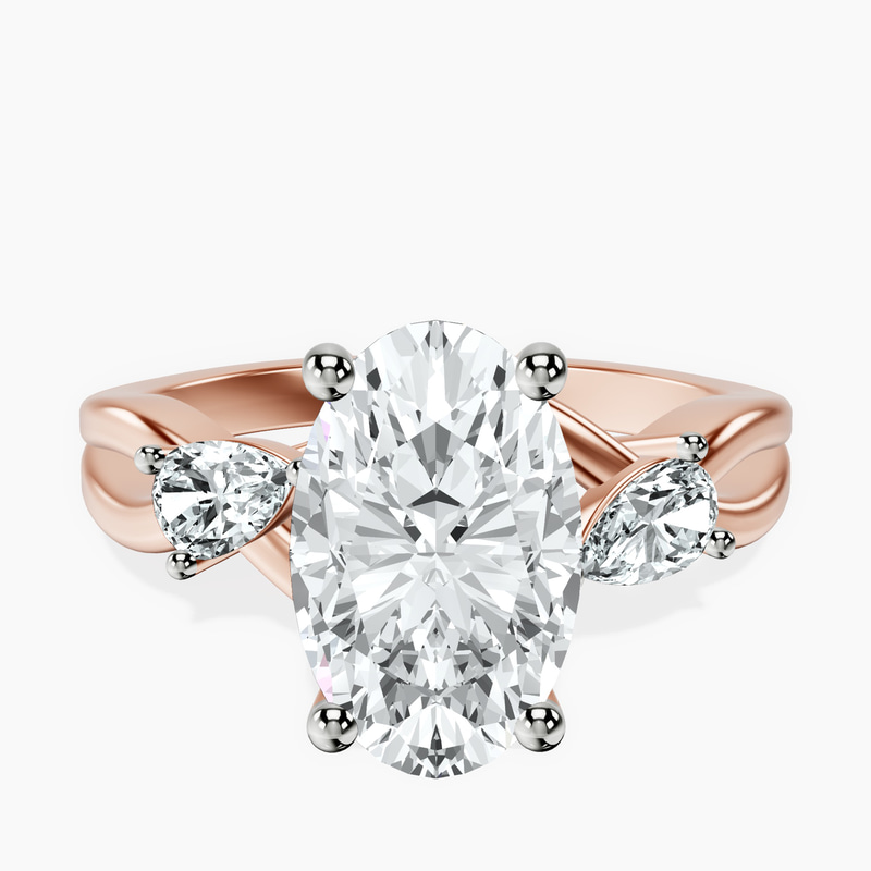 2.99 ct. oval Odette Three Stone Ring in 10kt rose gold rtr top