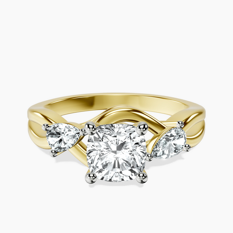 1.02 ct. cushion Odette Three Stone Ring in 10kt yellow gold rtr top