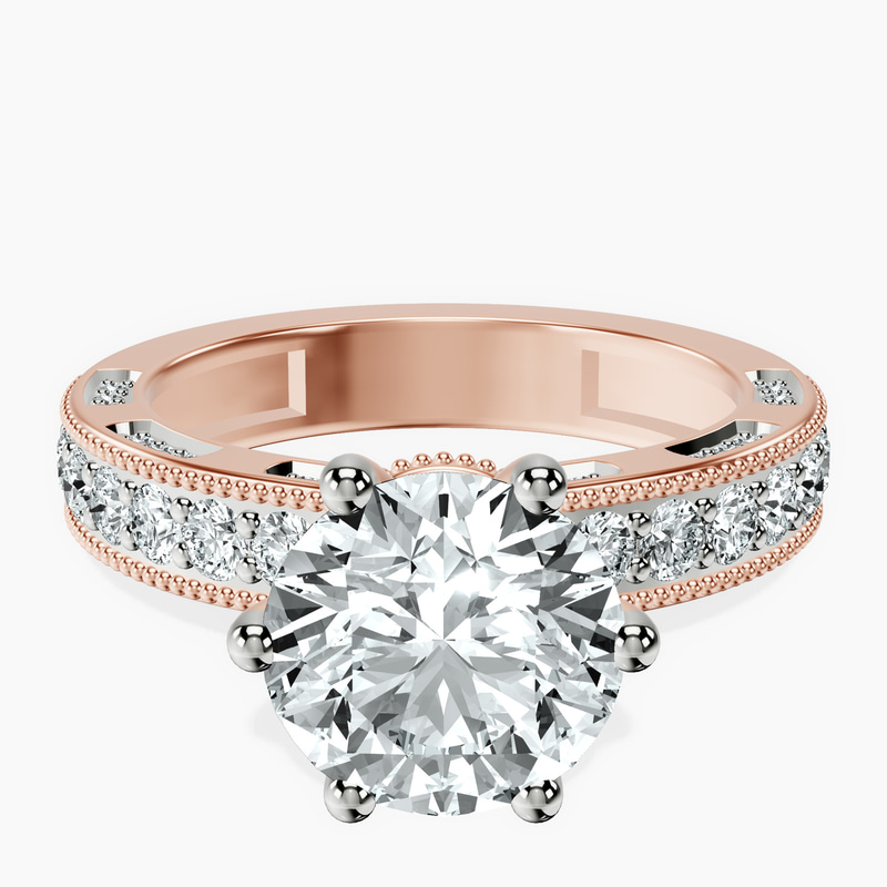 2.82 ct. round Regalia miligrain ring in 10kt rose gold rtr top