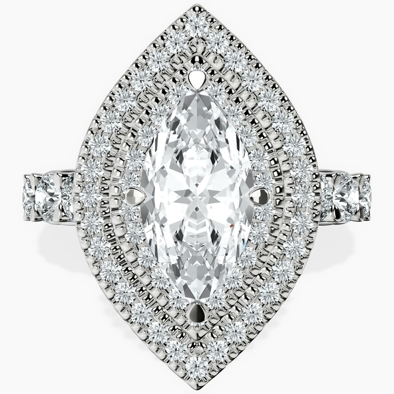 2.73 ct. marquise Crowned Cresta double halo ring in 14kt white gold rtr top