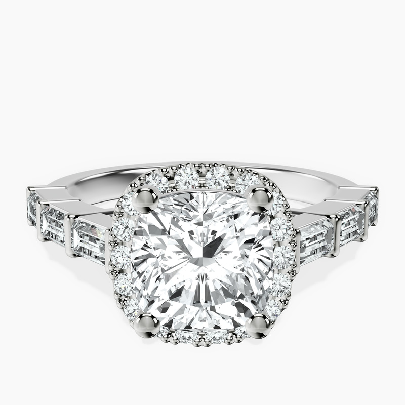 18kt White Gold Rachel Halo Side Stone Lab Diamond Ring front image