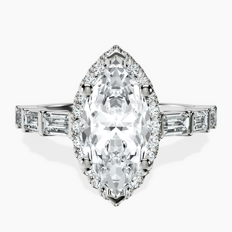 18ct White Gold Rachel Halo Side Stone Lab Diamond Ring front image