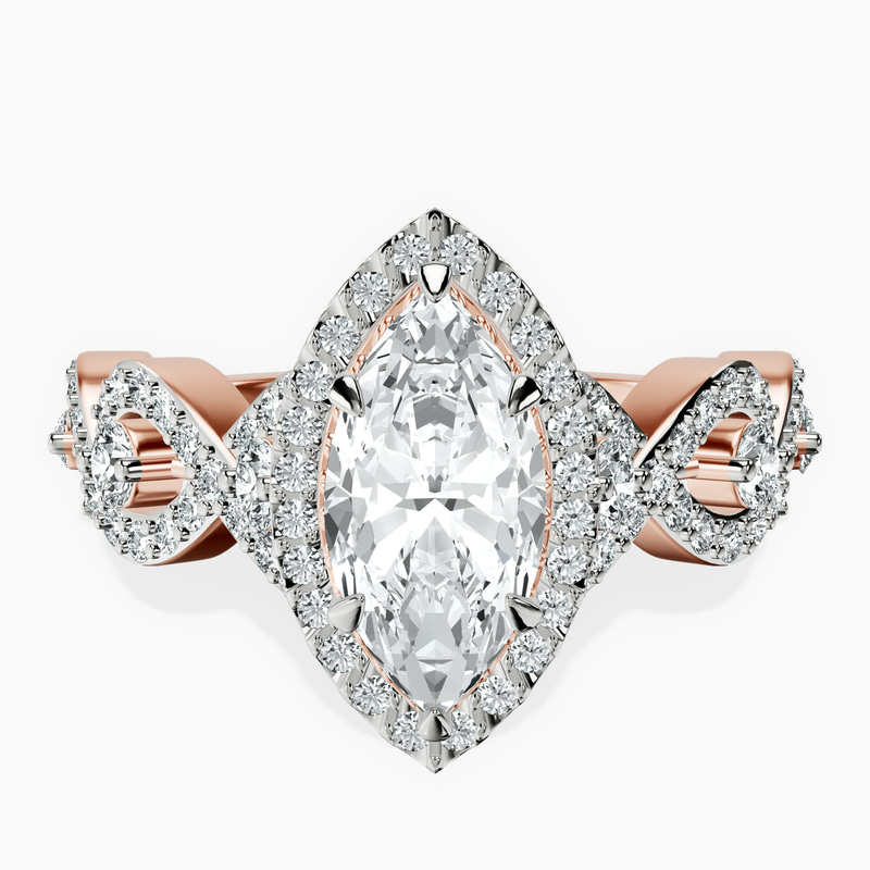 1.39 ct. marquise Prestigia criss cross halo ring in 18kt rose gold rtr top