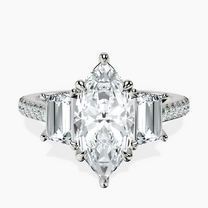 Platinum Lavinia Three Stone Trapezoid Lab Diamond Ring front image