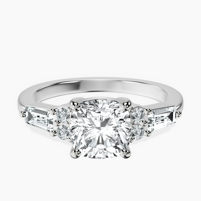 1.49 ct. cushion Helia Tapered Baguette Lab Diamond Ring in 10kt white gold rtr top
