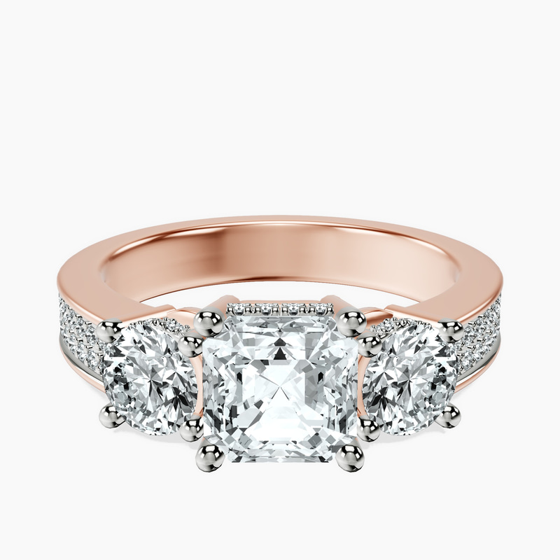 2.91 ct. asscher Desdemona Round Three Stone Lab Diamond Ring in 14kt rose gold rtr top