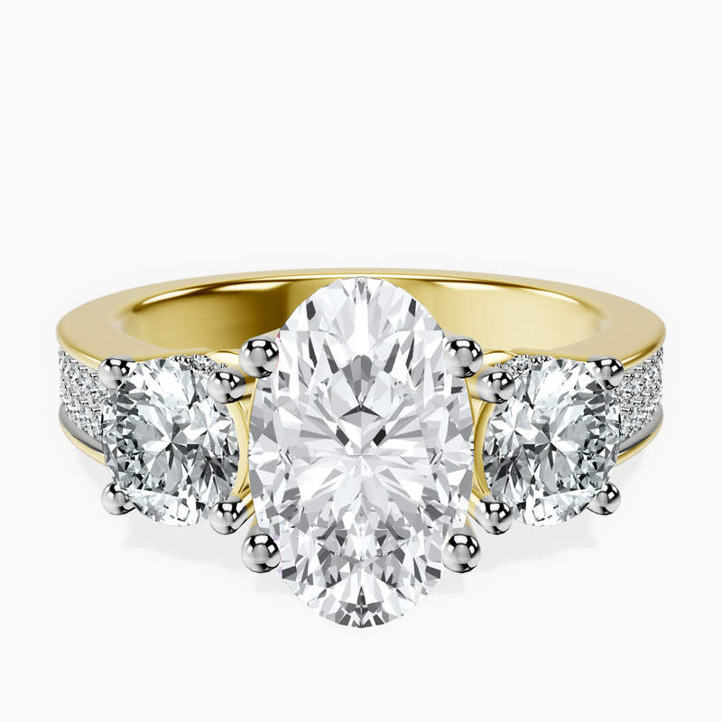 2.06 ct. oval Desdemona Round Three Stone Lab Diamond Ring in 14kt yellow gold rtr top