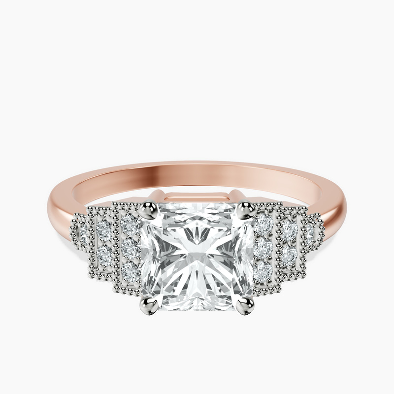 2.65 ct. radiant Joy Side Stone Ring in 10kt rose gold rtr top