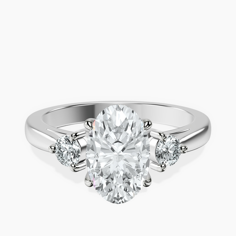 2.06 ct. oval Synthia Three Stone Ring in 10kt white gold rtr top