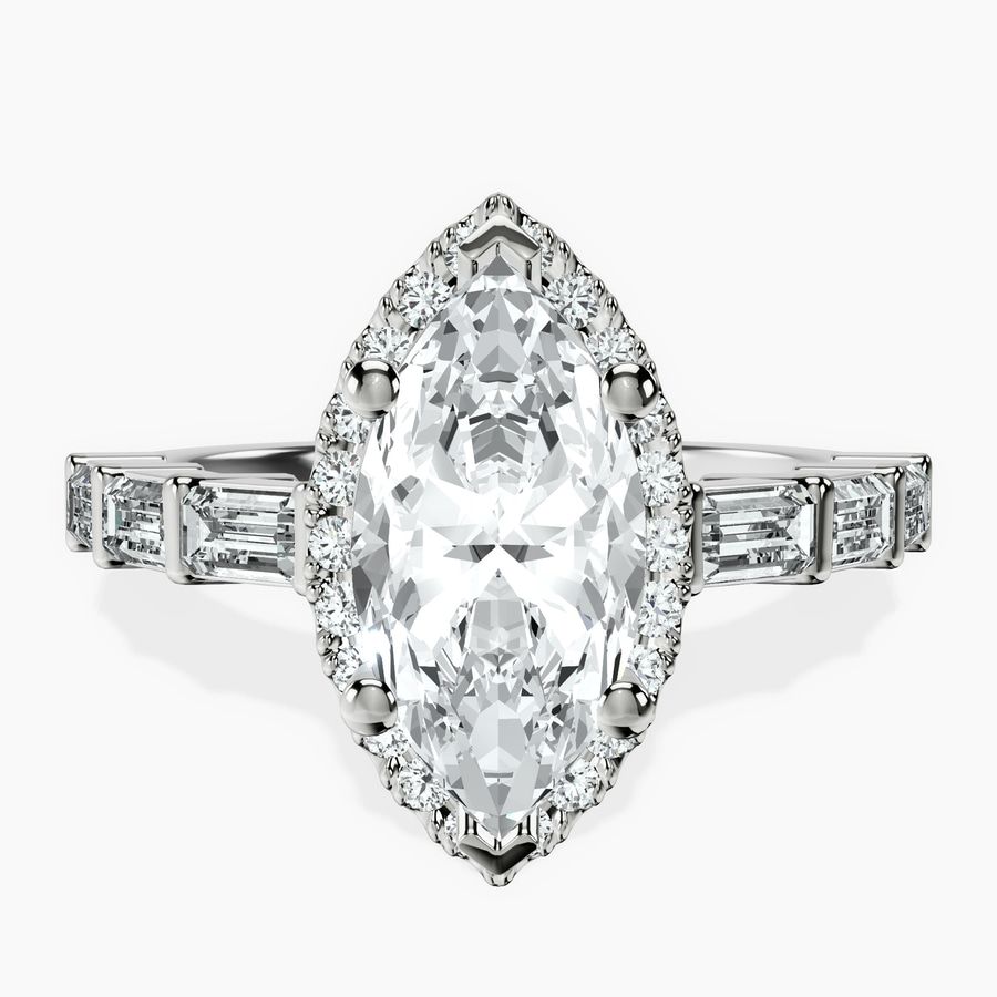 18ct White Gold Rachel Halo Side Stone Lab Diamond Ring front image