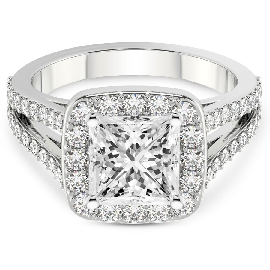 2.86 Ct PRINCESS Cut Rosalind Split Shank Halo Lab Diamond Ring in 18kt White Gold front image