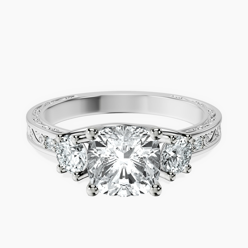 10kt White Gold Valencia Three Stone Vintage Lab Diamond Ring front image
