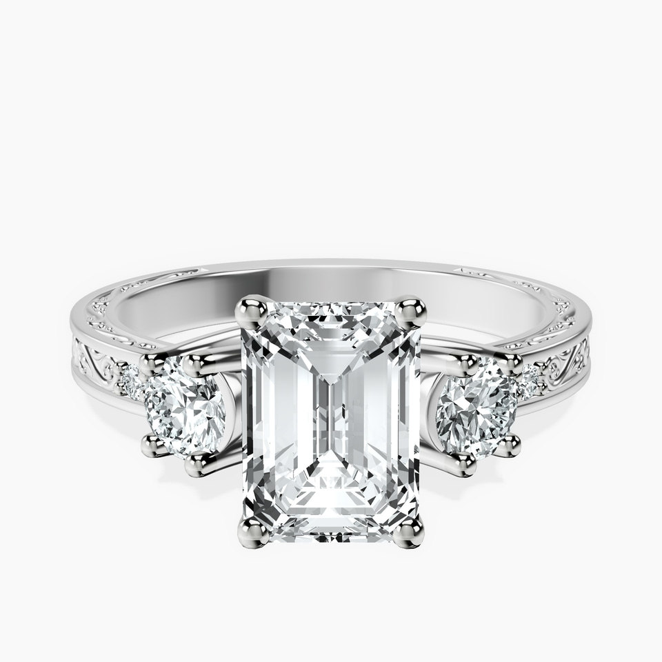 Platinum Valencia Three Stone Vintage Lab Diamond Ring front image