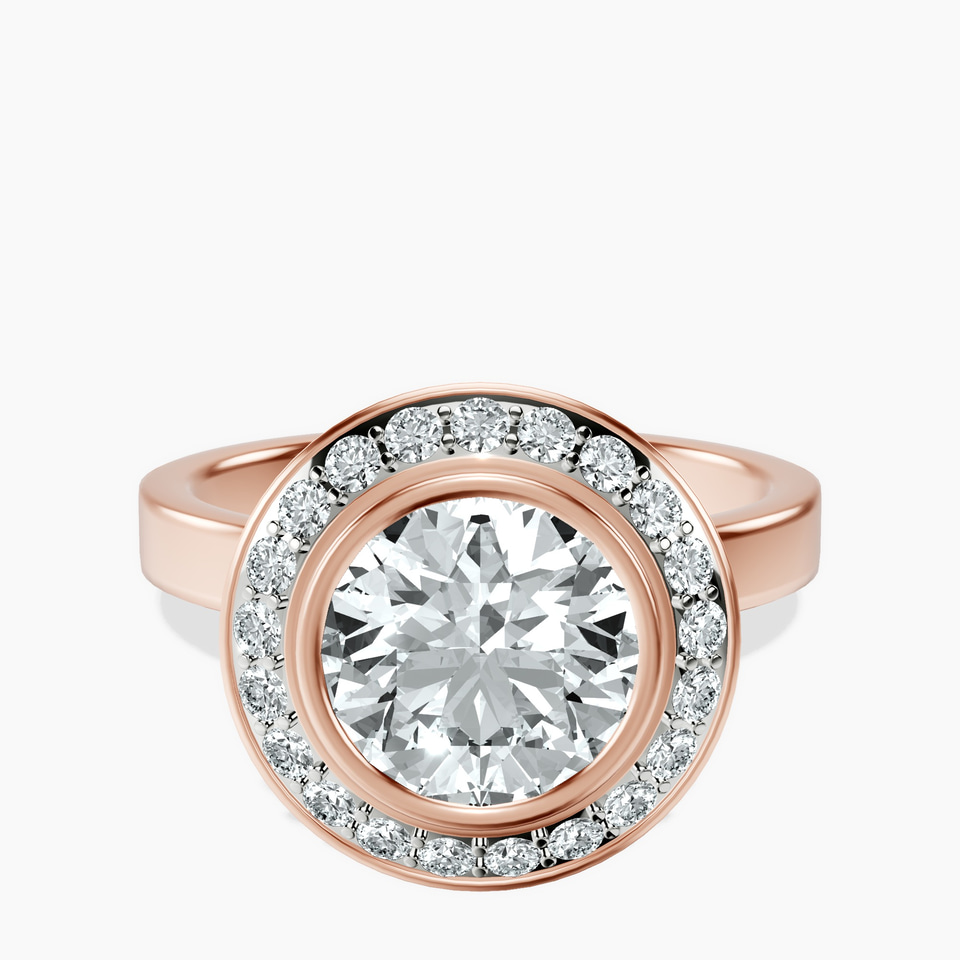 14kt Rose Gold Upturned Dome Bezel Halo Lab Diamond Ring front image