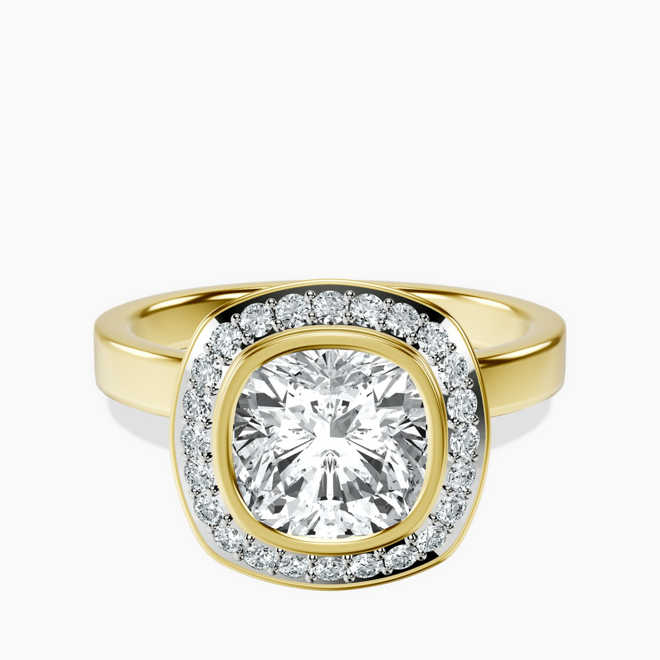 14kt Yellow Gold Upturned Dome Bezel Halo Lab Diamond Ring front image