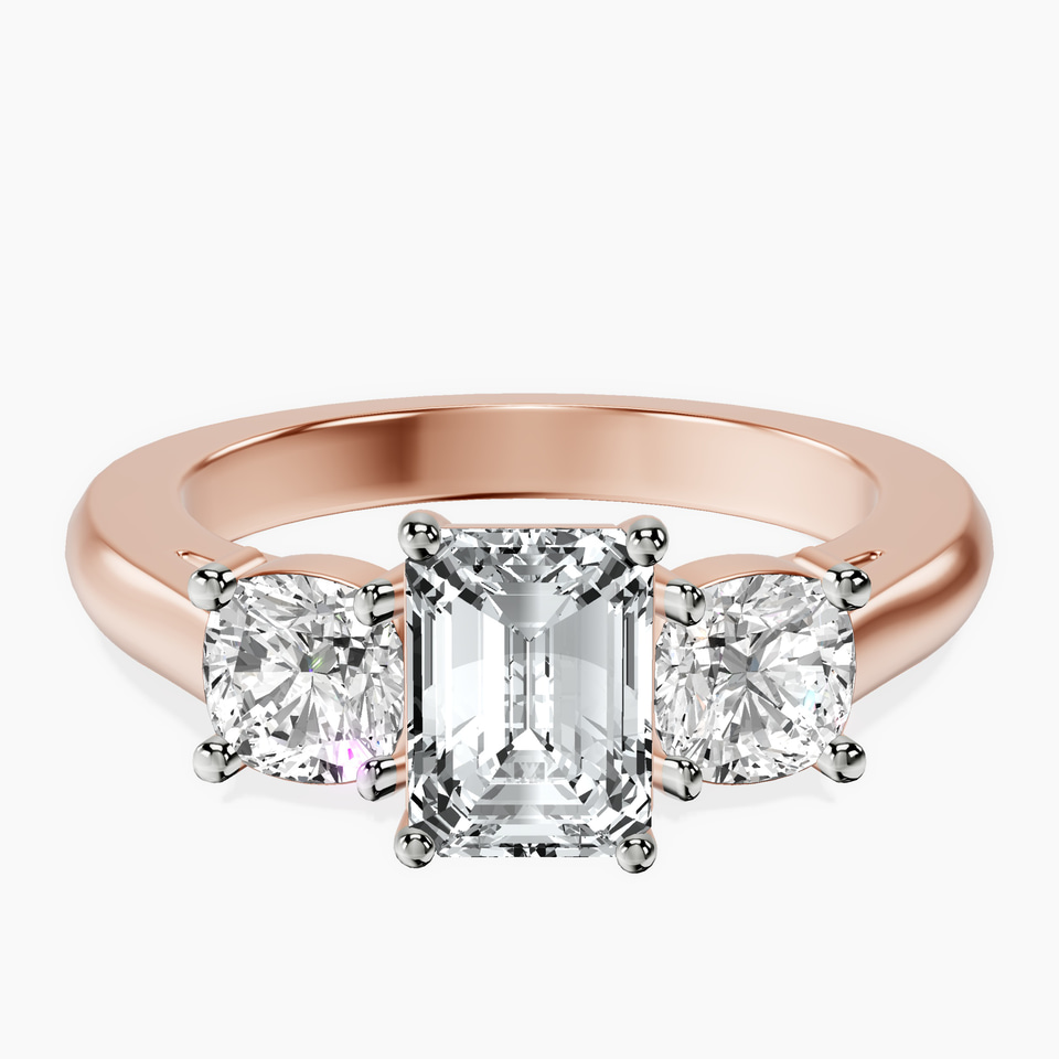 10kt Rose Gold Kinsley Three Stone Side Cushion Lab Diamond Ring front image