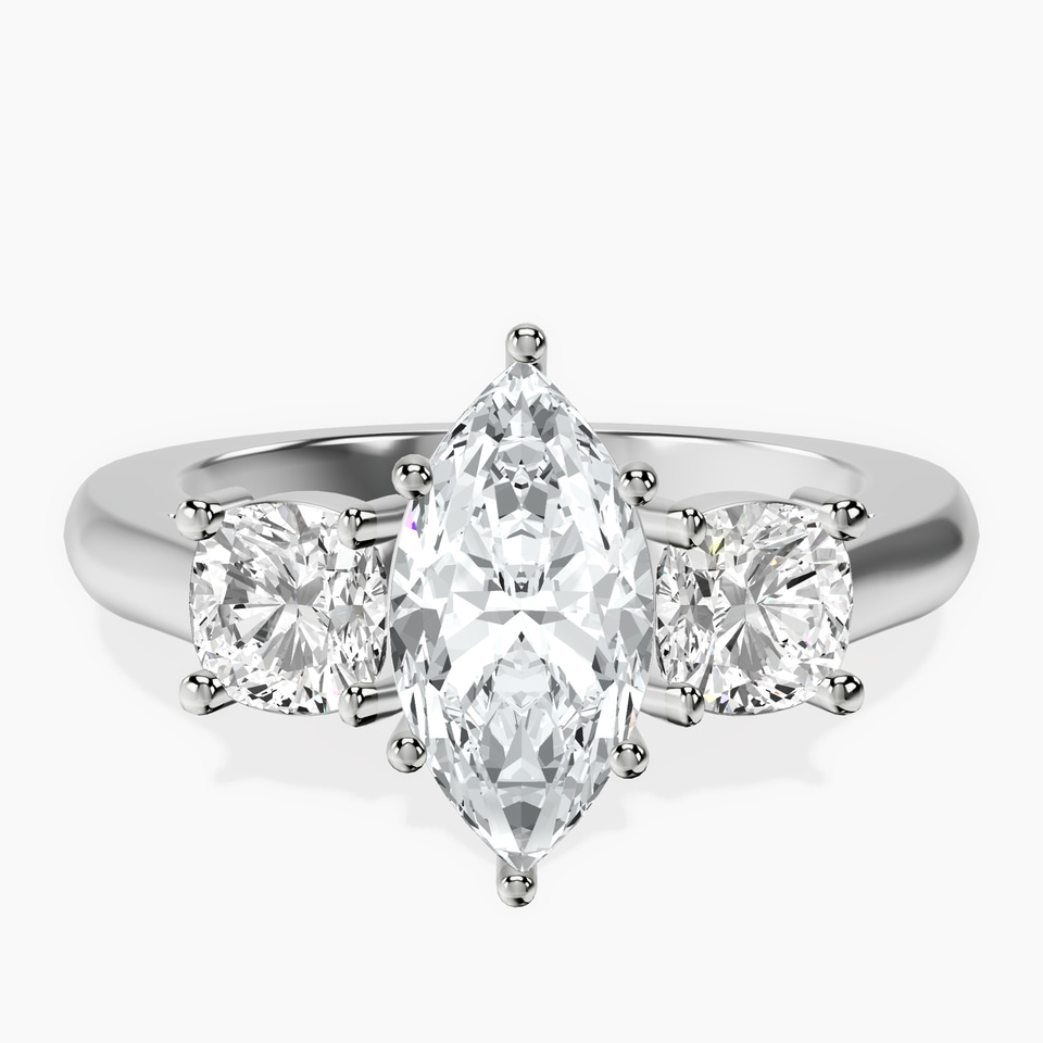 Platinum Kinsley Three Stone Side Cushion Lab Diamond Ring front image