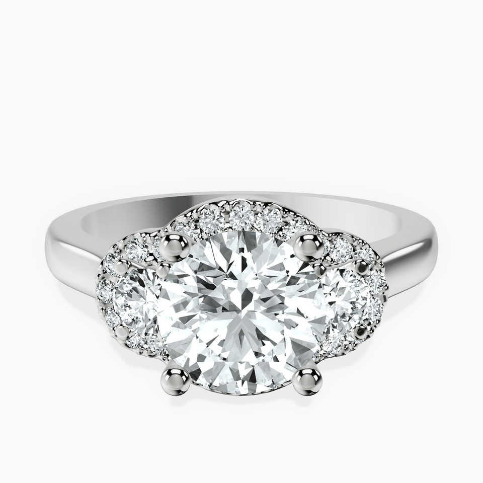 9ct White Gold Swirl Three Stone Halo Lab Diamond Ring front image