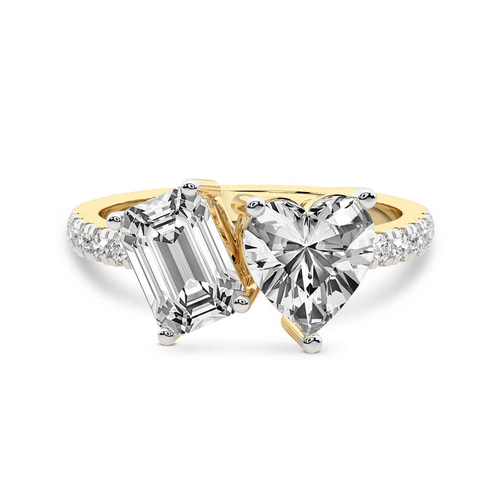 Vega Two Stone Emerald and Heart Toi Et Moi Lab Grown Diamond Ring front view