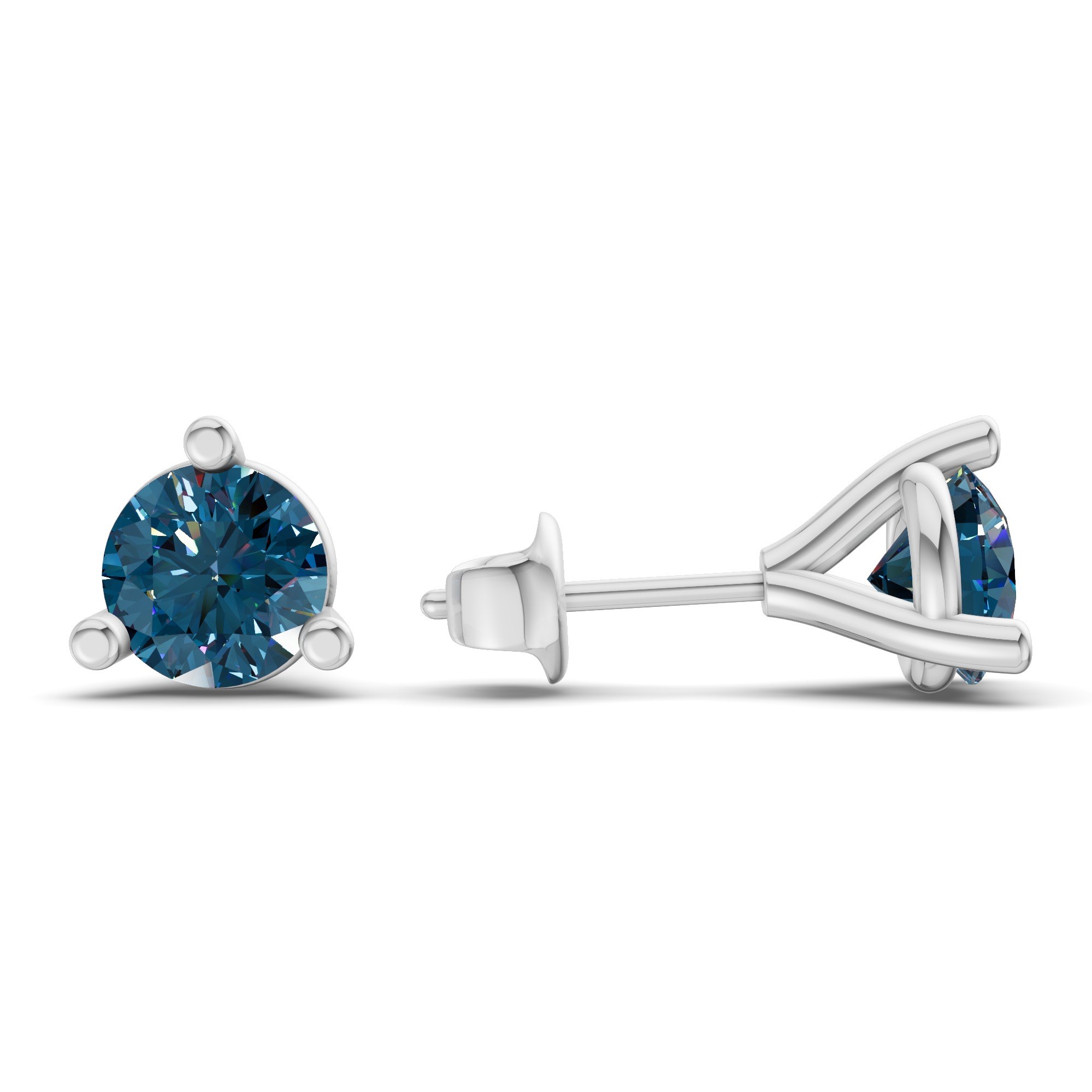 Three Prong Martini Round Royal Blue Lab Diamond Stud Earrings left view
