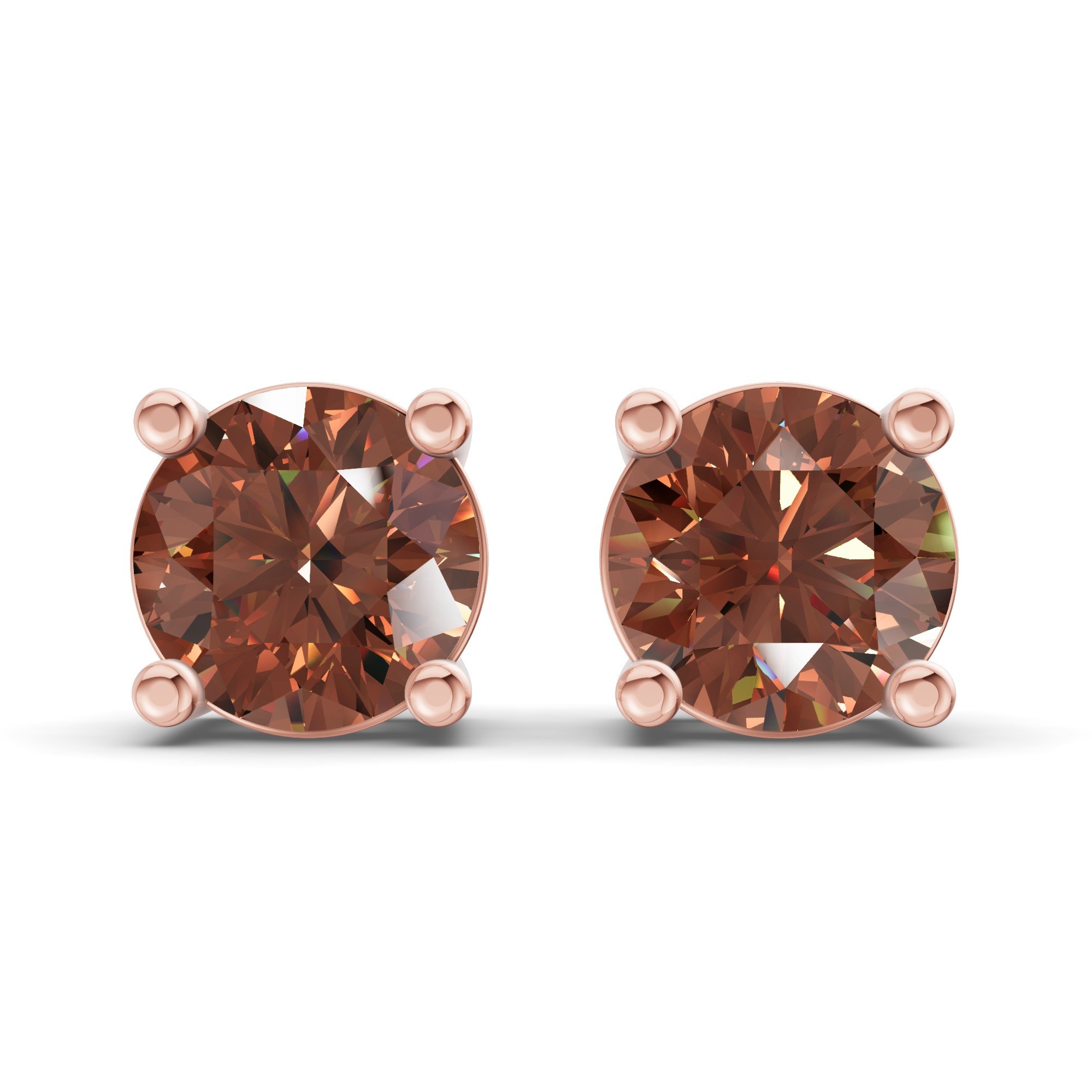 Four Prong Round Brown Lab Diamond Stud Earrings front view