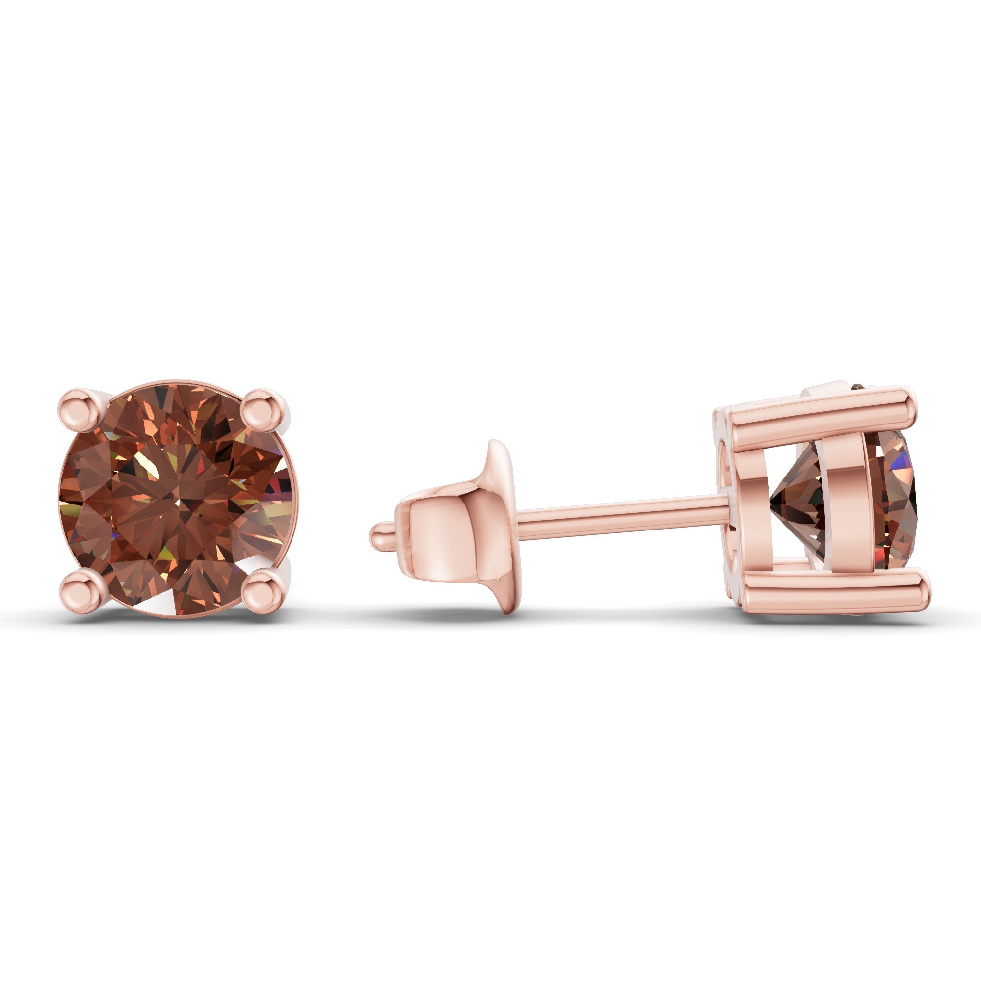 Four Prong Round Brown Lab Diamond Stud Earrings left view