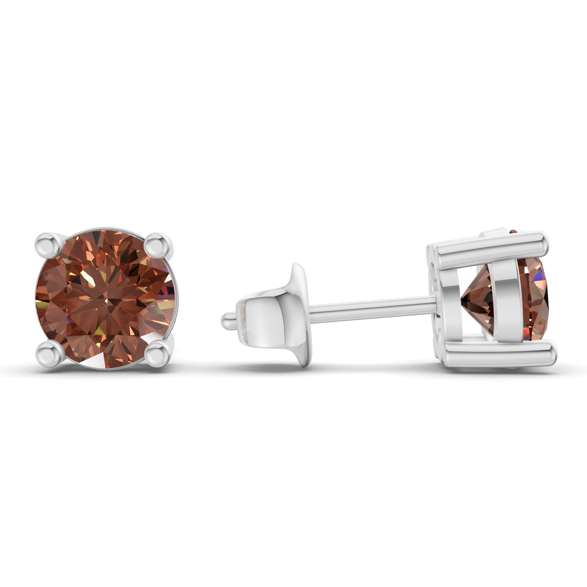Four Prong Round Brown Lab Diamond Stud Earrings left view