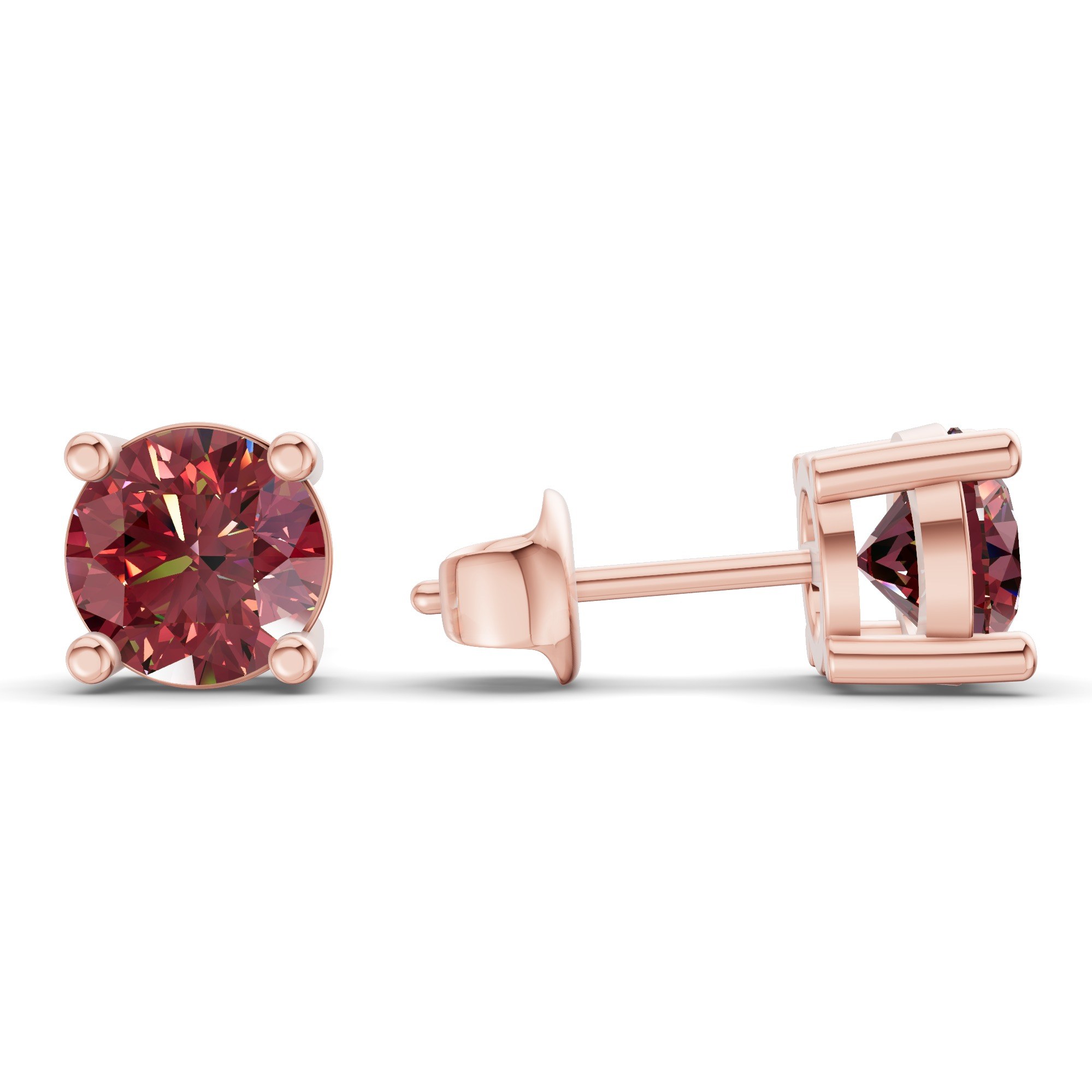 Four Prong Round Cherry Cognac Lab Diamond Stud Earrings left view
