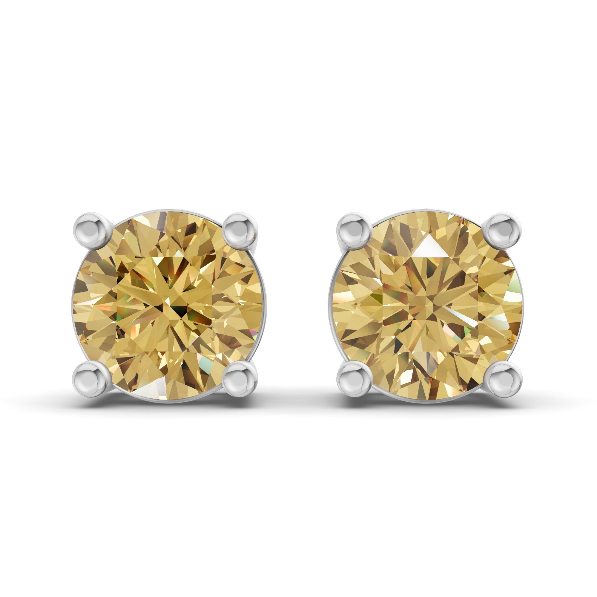 Four lemon yellow Prong Round Lab Diamond Stud Earrings front view