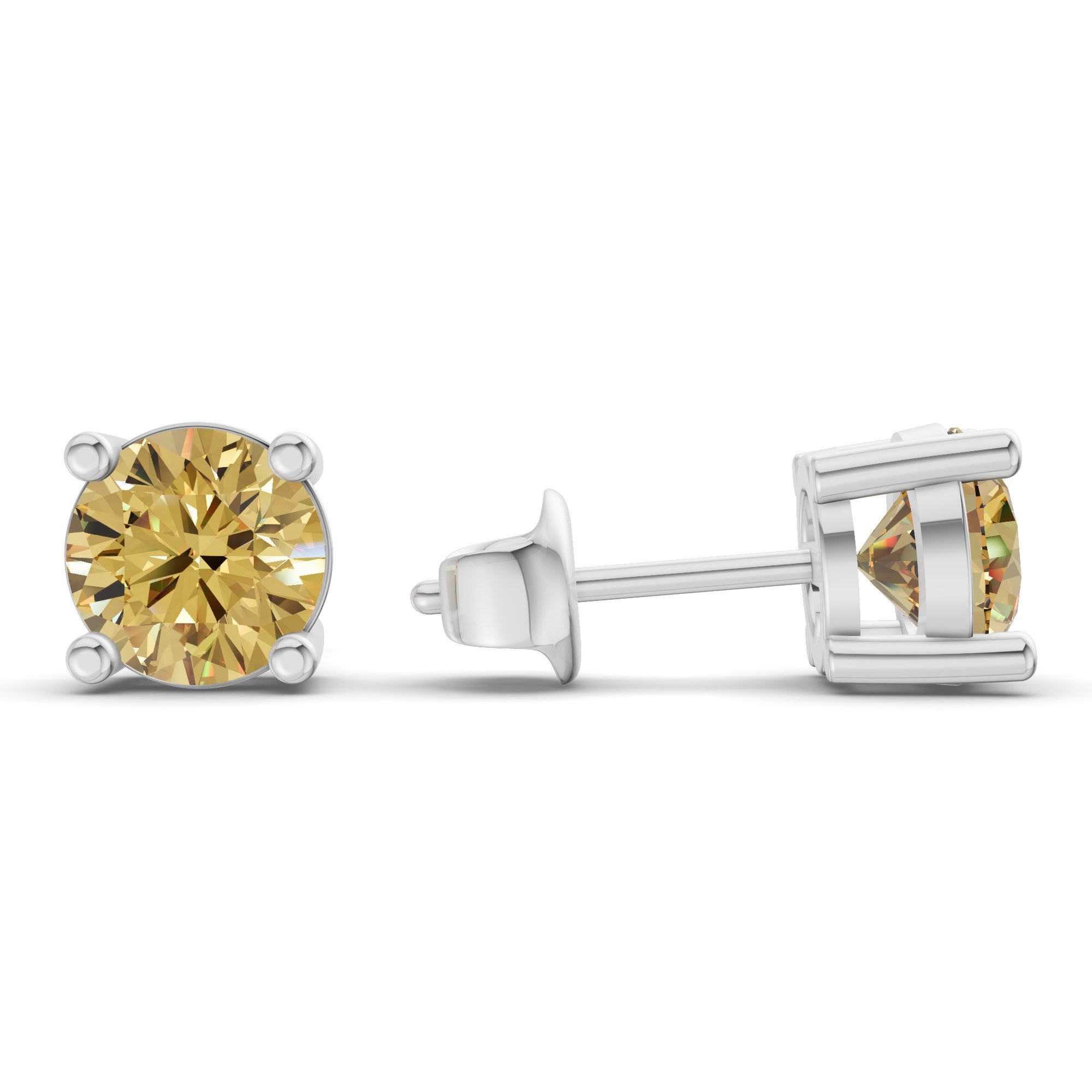 Four lemon yellow Prong Round Lab Diamond Stud Earrings left view