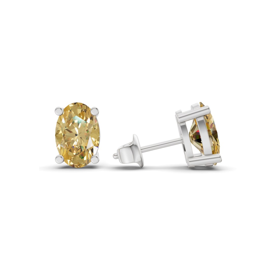 Four sunlit yellow Prong Oval Lab Diamond Stud Earrings left view