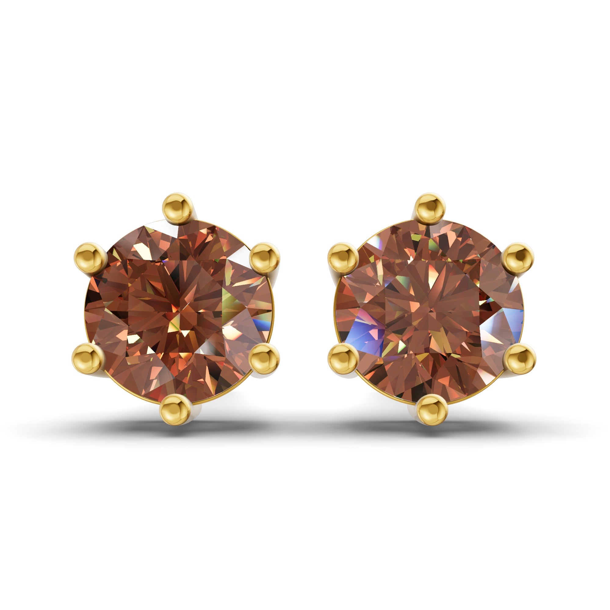 Six Prong Round Brown Lab Diamond Stud Earrings front view