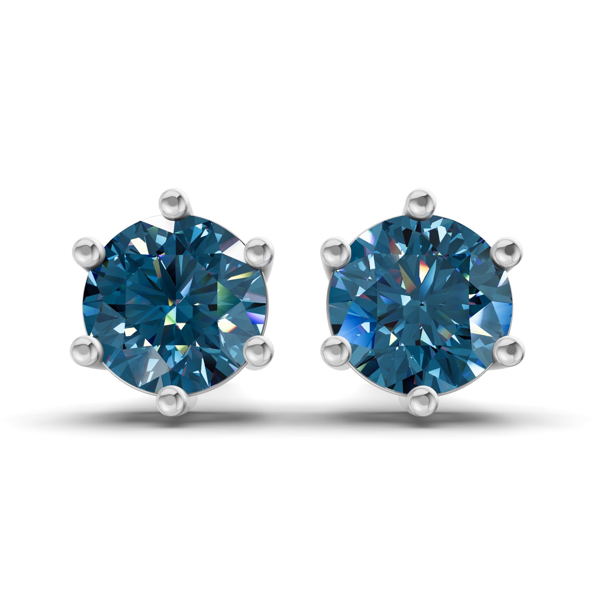Six Prong Round Royal Blue Lab Diamond Stud Earrings front view