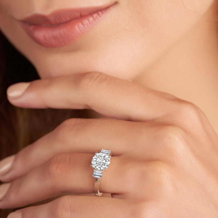 Lauren Three stone Side Emerald Diamond Ring Model View